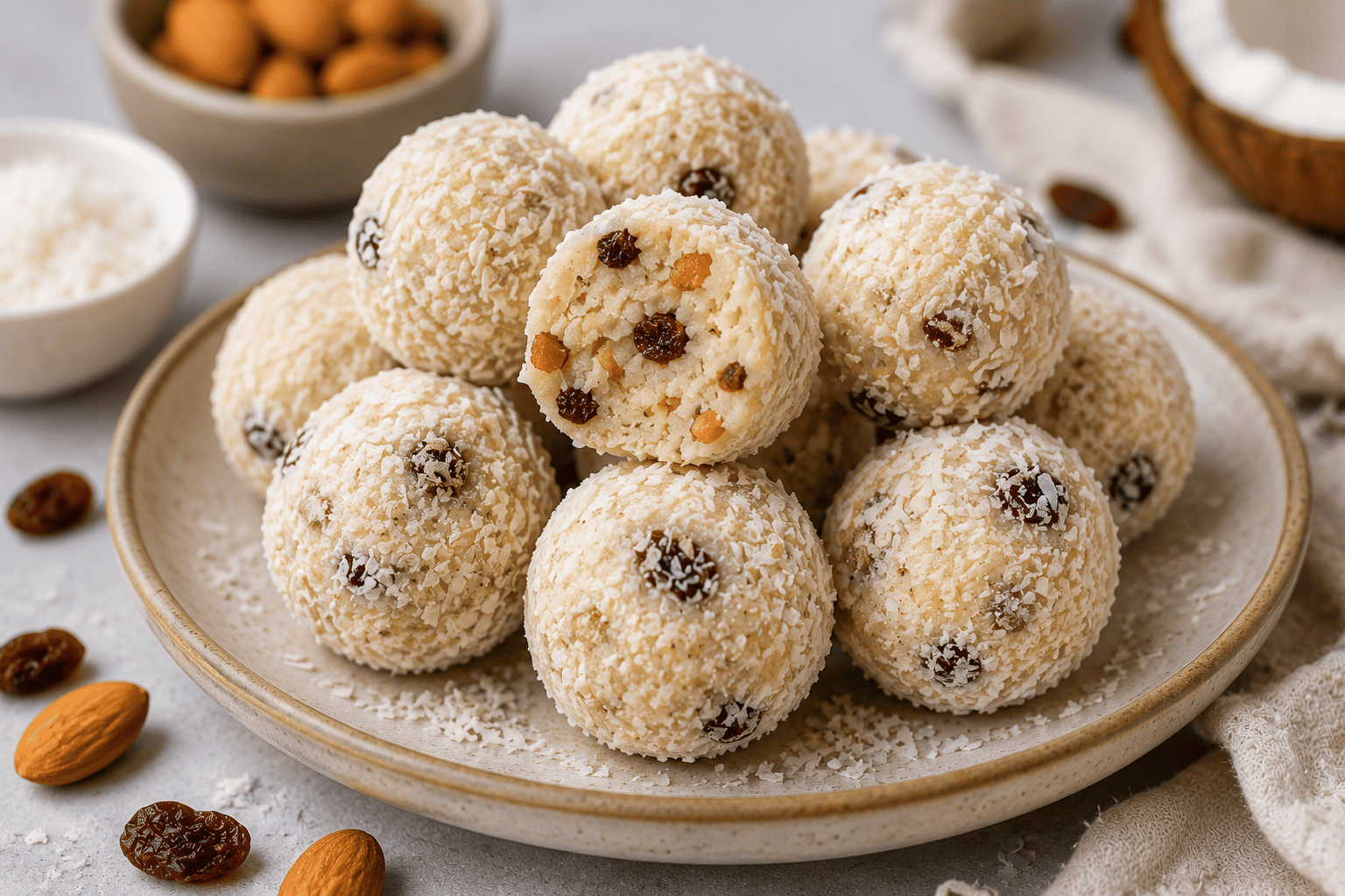 Homemade coconut protein candies rolled in shredded coconut with a soft creamy centre, served on a ceramic plate.