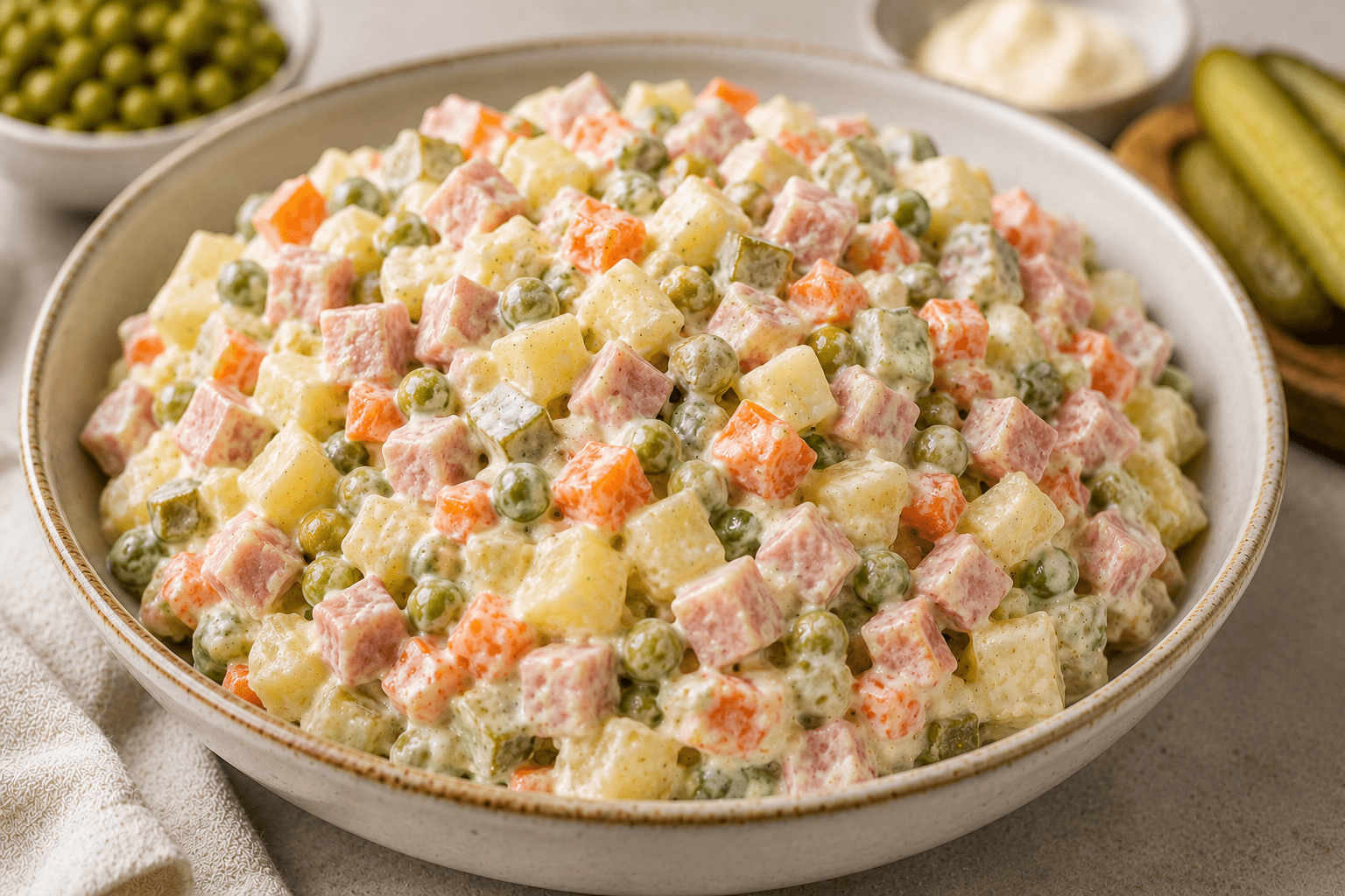 Creamy healthy Russian salad made with ham, skyr, potatoes, carrots, peas, pickles, and light mayonnaise.