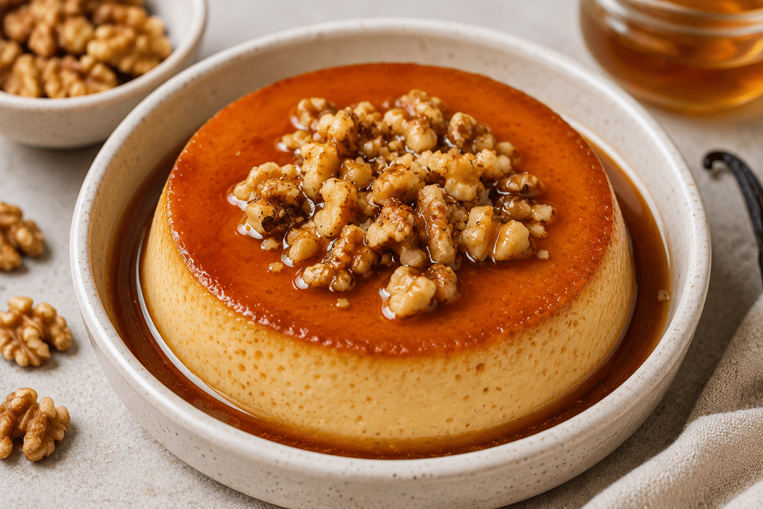 Creamy high-protein crème caramel topped with chopped walnuts and caramel syrup in a ceramic ramekin.