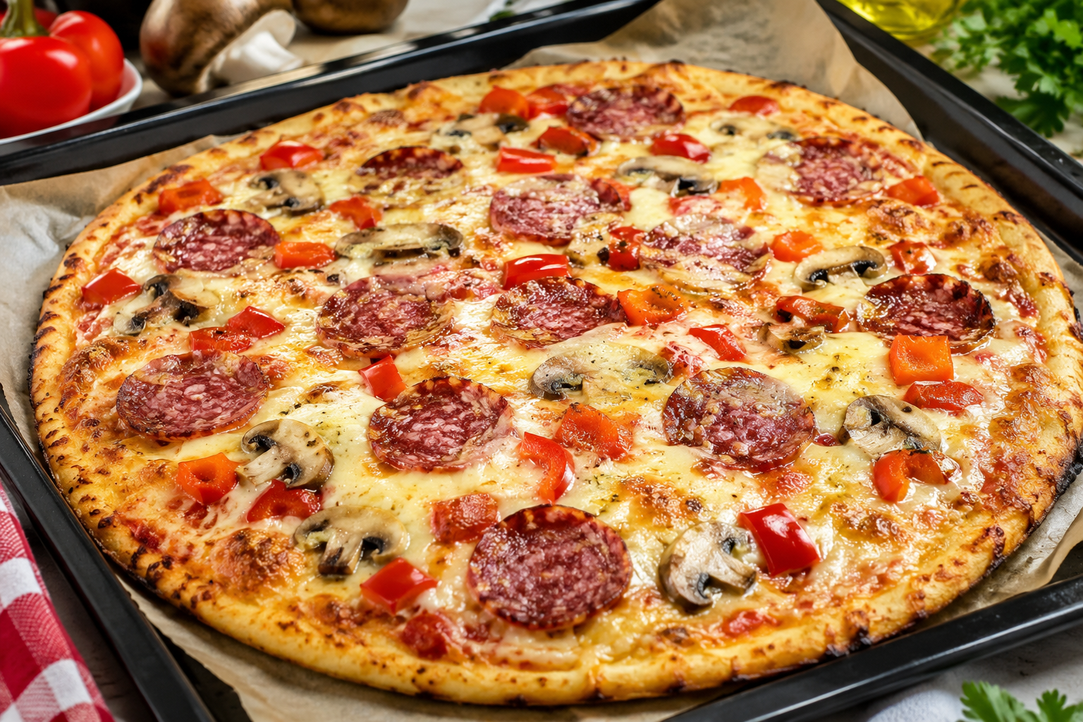 Homemade lazy quick pizza topped with kashkaval cheese, salami, peppers, and herbs on a crispy golden crust.