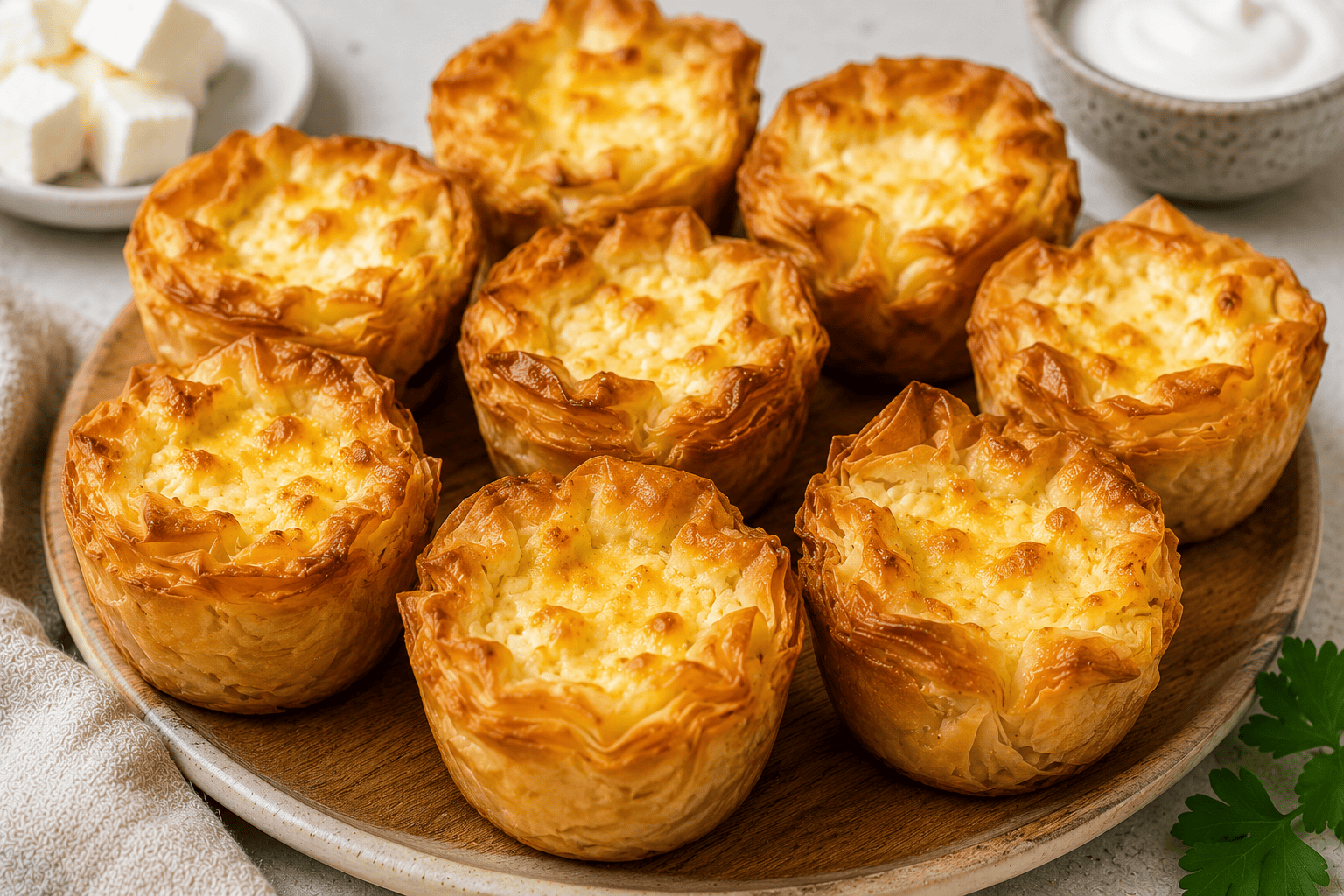 Golden modular mini banitsa made with whole grain filo pastry, feta, yogurt, eggs, and cheese baked until crispy.