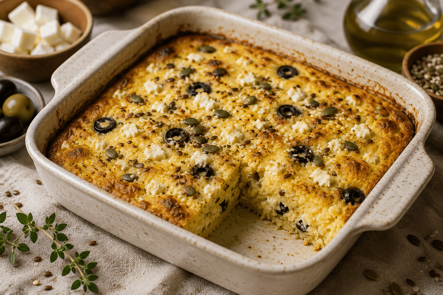 Golden baked savory corn grits casserole with cottage cheese, white cheese, olives, and seeds served in a baking dish