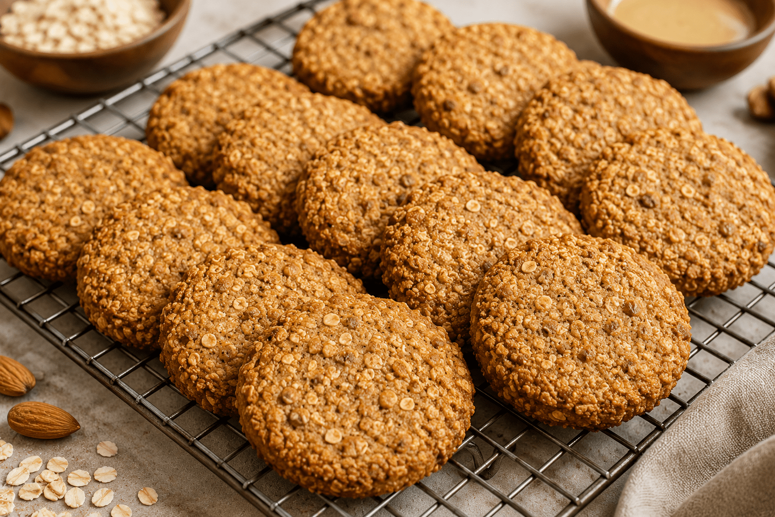 Golden homemade oat bran biscuits made with oat bran, oat flour, almonds, and sesame tahini on a cooling rack.