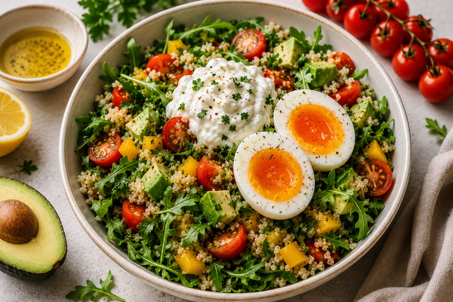 Healthy Zone Diet quinoa salad with eggs, skyr, cherry tomatoes, avocado, and arugula served in a bowl.