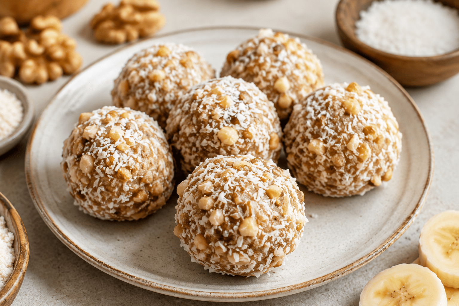Homemade banana protein balls coated with crushed walnuts and shredded coconut on a serving plate.