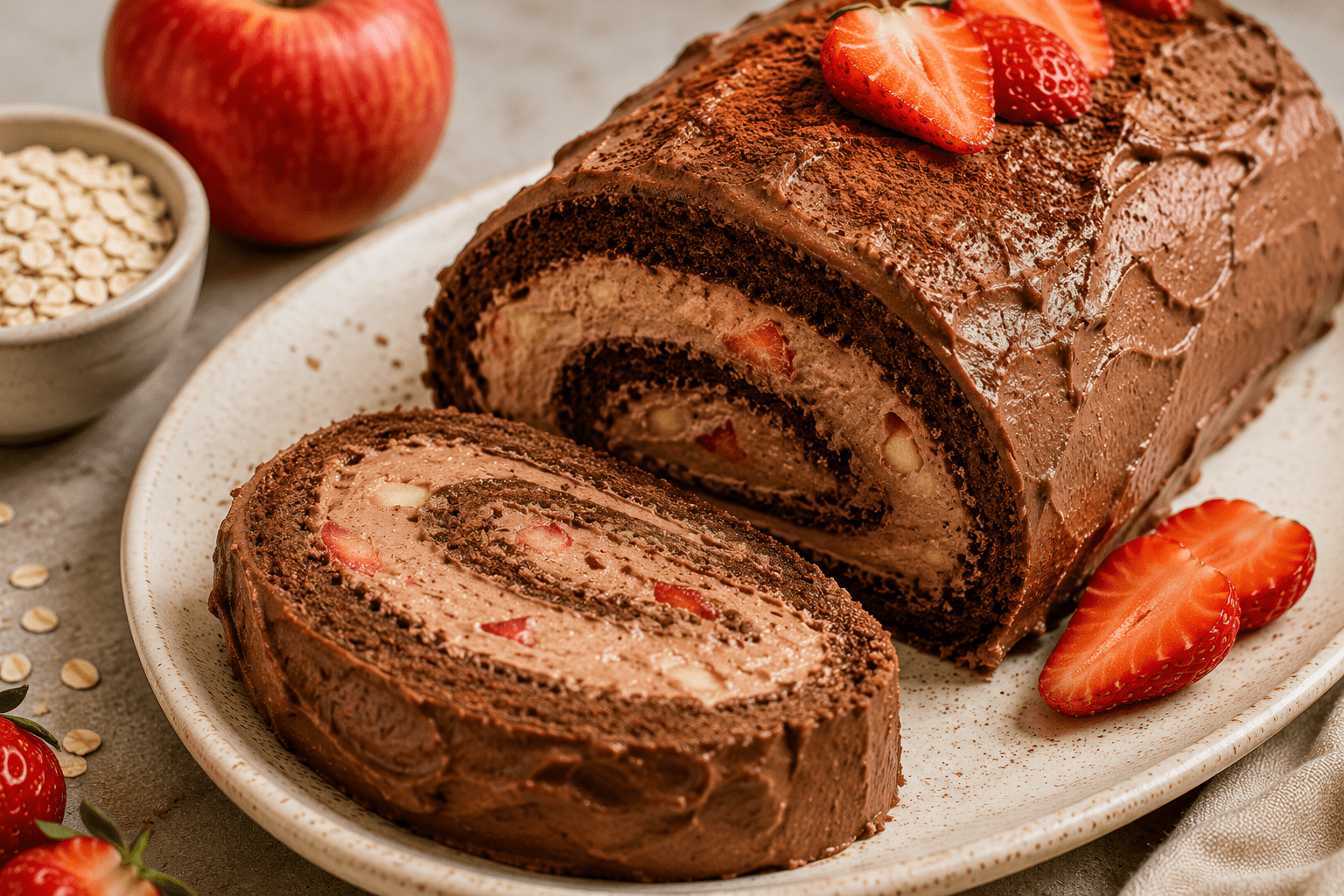 Chocolate apple roll filled with creamy cocoa, quark, and banana filling, sliced and served with fresh strawberries.