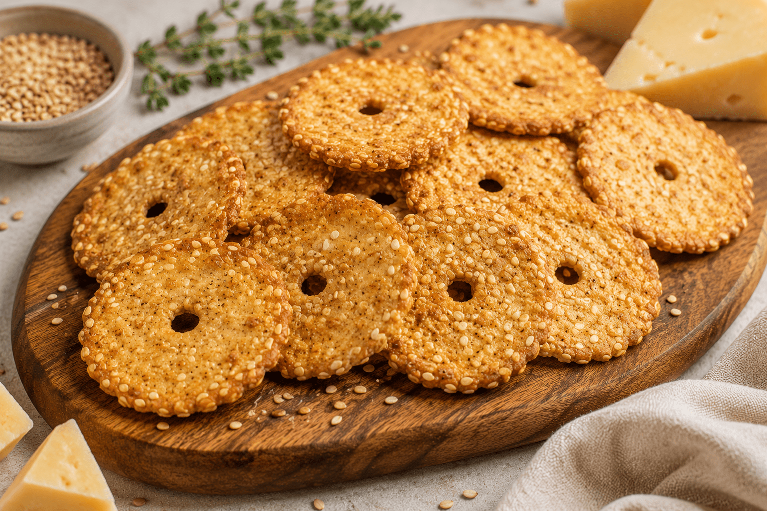 Golden crispy sesame cheese crackers made with kashkaval and sesame seeds on a wooden serving board