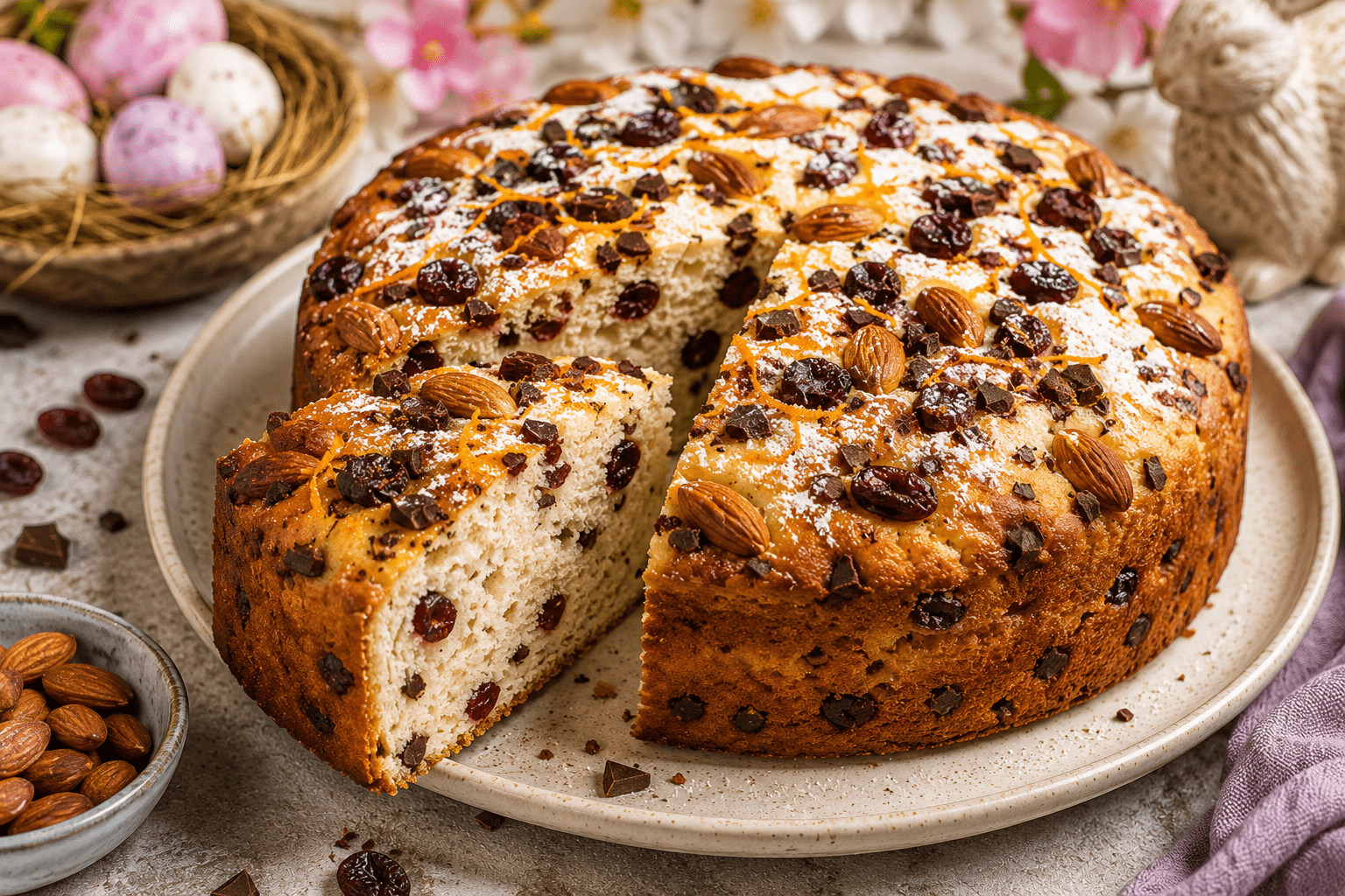 High-protein Easter cake made with Skyr, egg whites, cranberries, almonds, and orange chocolate, sliced on a serving plate.