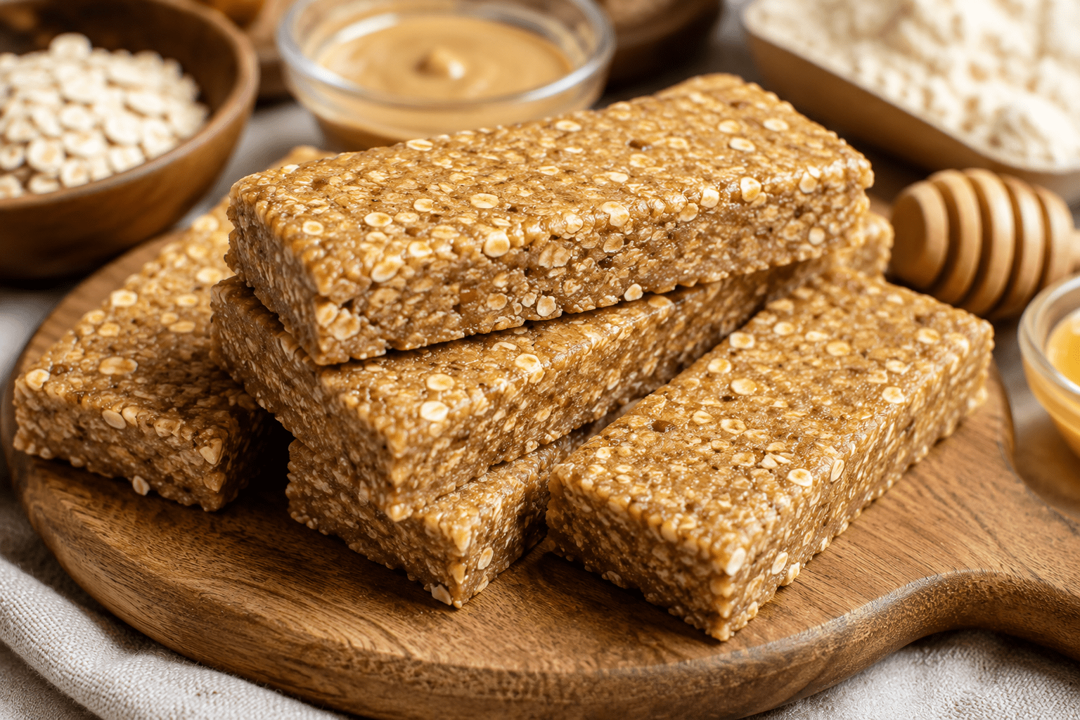 Homemade protein energy bars made with oats, whey protein, honey, and tahini on a wooden serving board.