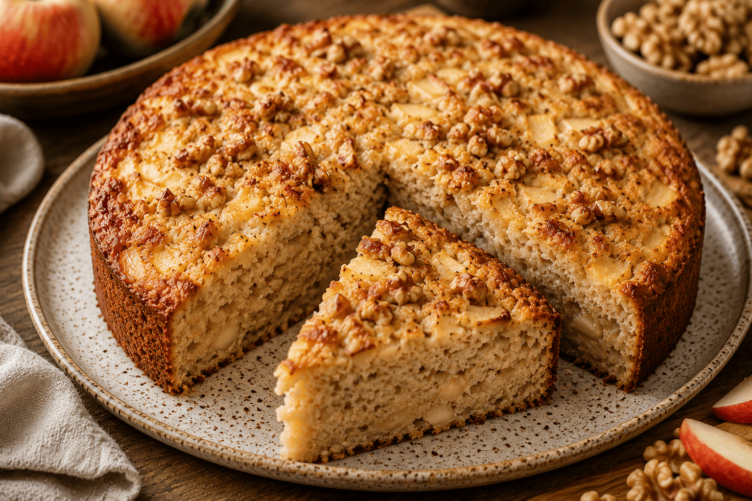 Moist apple cake made with quark, yogurt, fresh apples, oat bran, and walnuts, sliced on a ceramic serving plate.