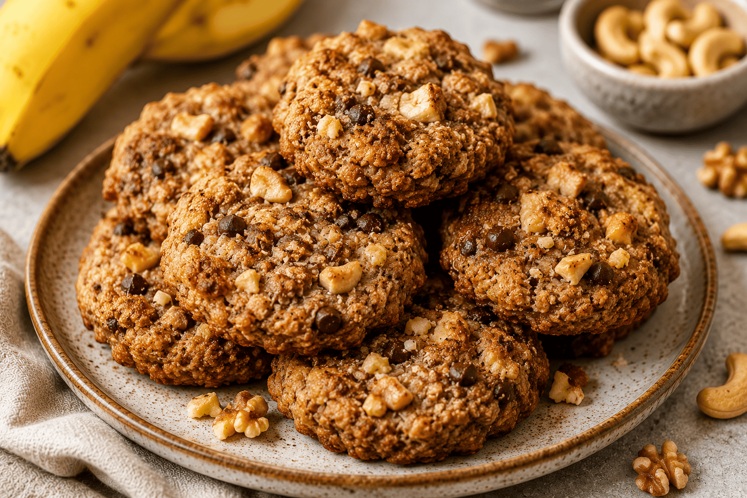 Crunchy banana protein cookies made with quark, chocolate protein, coconut flour, cashews, and walnuts on a rustic serving plate.