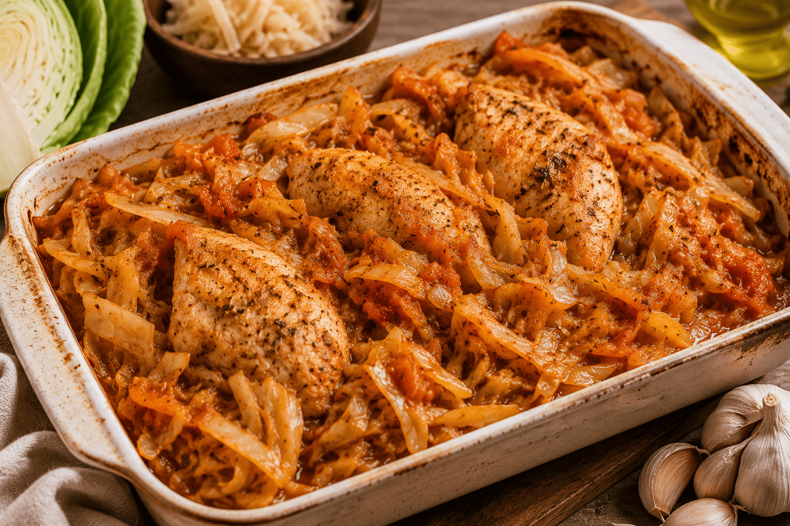 Slow-baked cabbage and poultry stew with chicken, sauerkraut, tomato, and herbs served in a rustic baking dish.