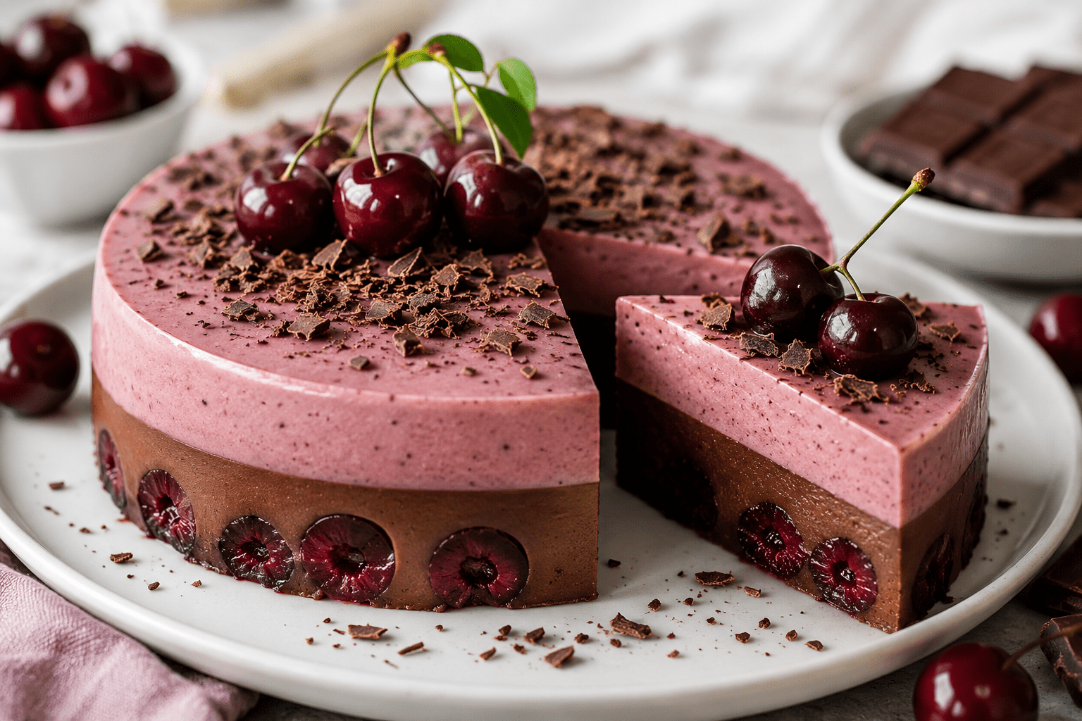 Layered cherry and dark chocolate panna cotta topped with fresh cherries and chocolate shavings on a serving plate