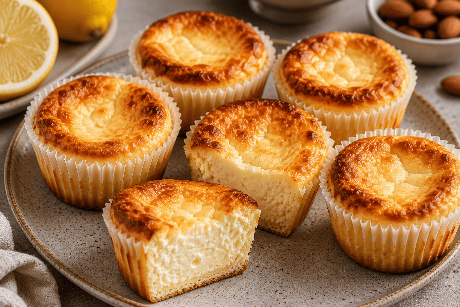 Golden healthy cheesecake muffins made with skyr, eggs, almonds, honey, and lemon, served on a ceramic plate.