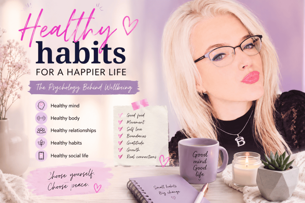 Woman promoting healthy habits for a happier life through psychology, mindfulness, self-care and positive lifestyle choices.
