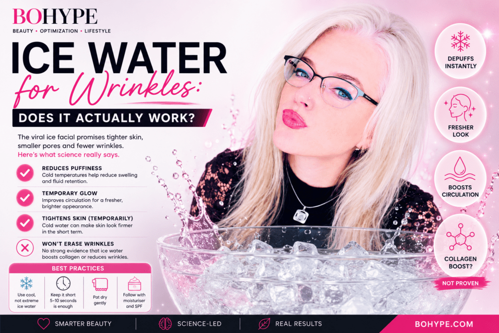 Woman performing an ice water facial to reduce puffiness with infographic explaining the science behind the viral beauty trend.