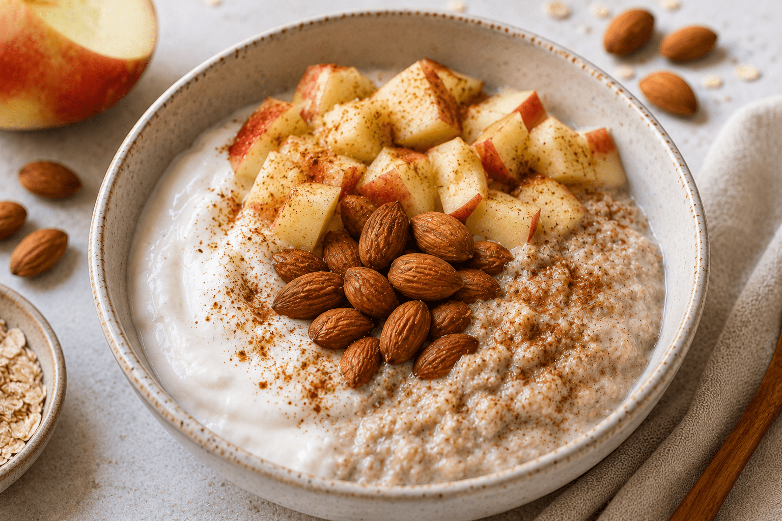 Creamy skyr and yogurt breakfast bowl topped with oat bran, fresh apple slices, almonds, and cinnamon.