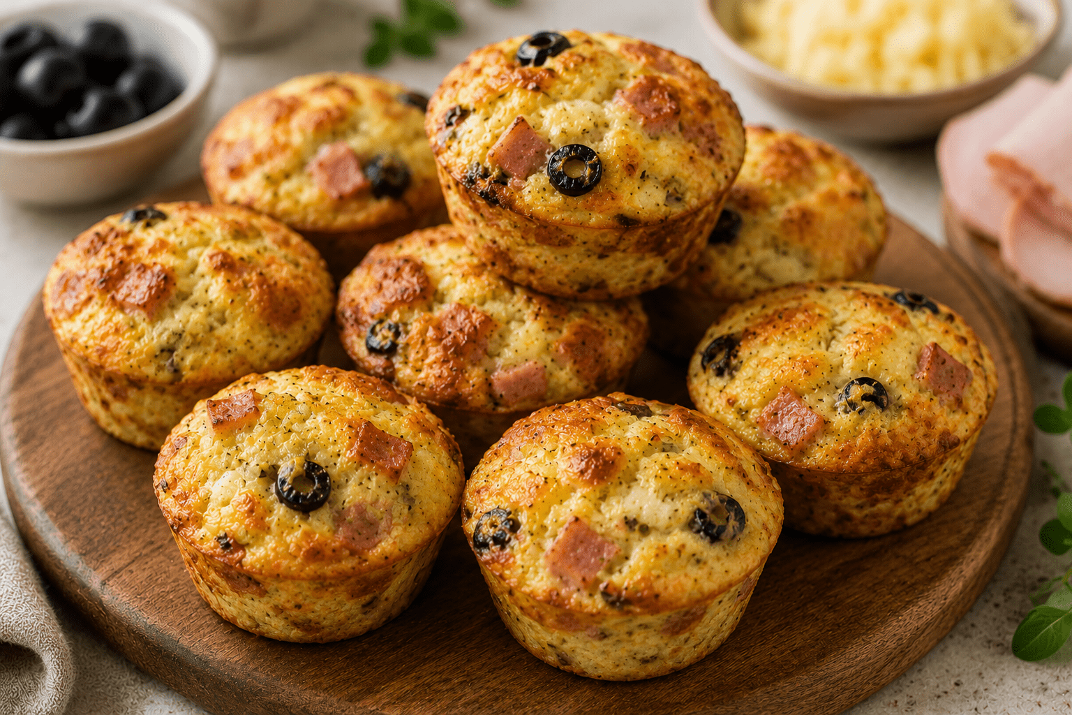 Golden savoury protein muffins made with eggs, yogurt, turkey ham, cheese, and olives served on a wooden board.