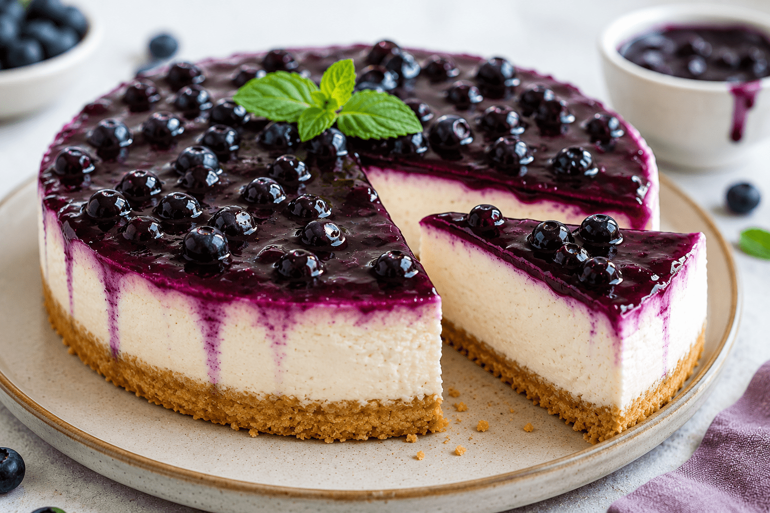Creamy no-bake cheesecake with a buttery biscuit crust and blueberry topping, sliced and served on a ceramic dessert plate