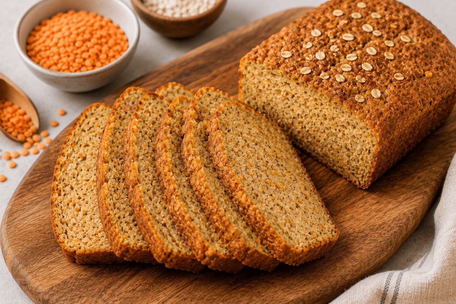 Fresh homemade red lentil bread sliced into even pieces on a wooden cutting board with oat bran and red lentils.