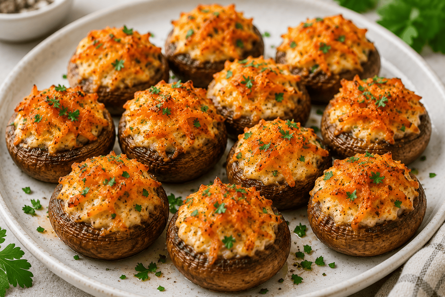 Baked stuffed mushrooms filled with quark, egg whites, kashkaval, grated carrots, and fresh herbs on a serving plate.