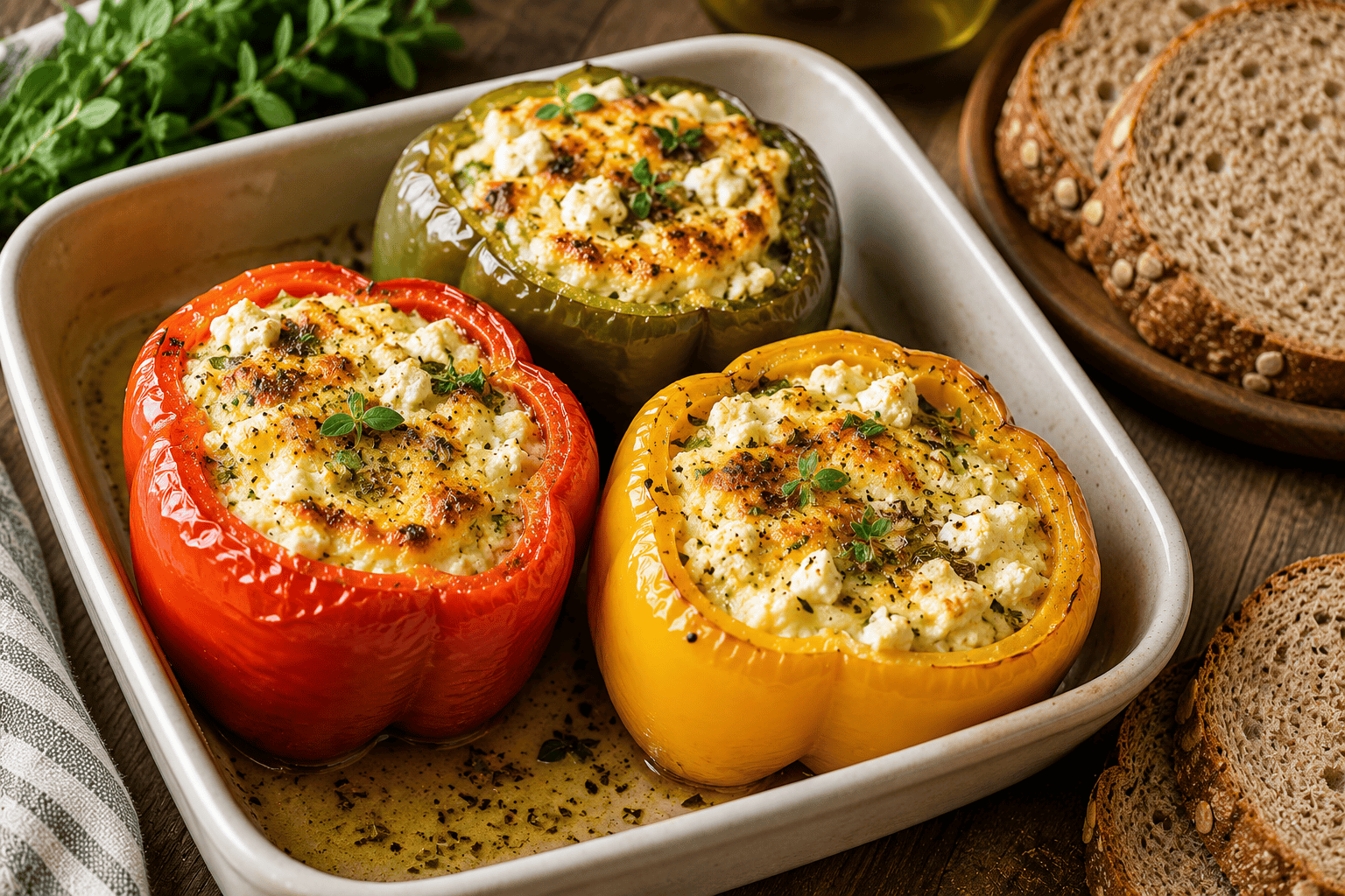 Baked stuffed bell peppers filled with feta, egg, and curd, served with whole grain bread on a rustic plate.