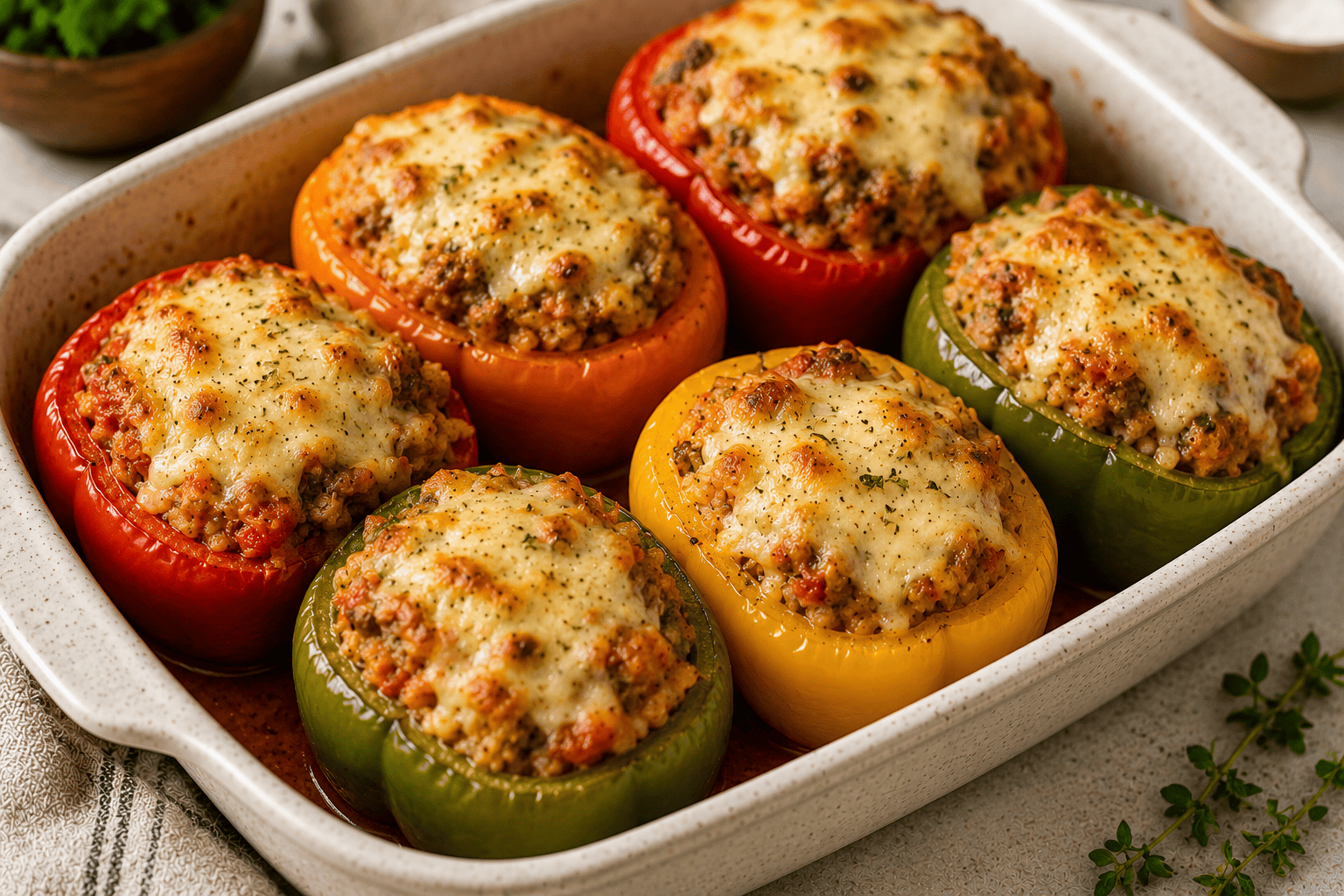 Baked stuffed bell peppers filled with chicken mince, rice, herbs, and topped with melted mozzarella cheese.