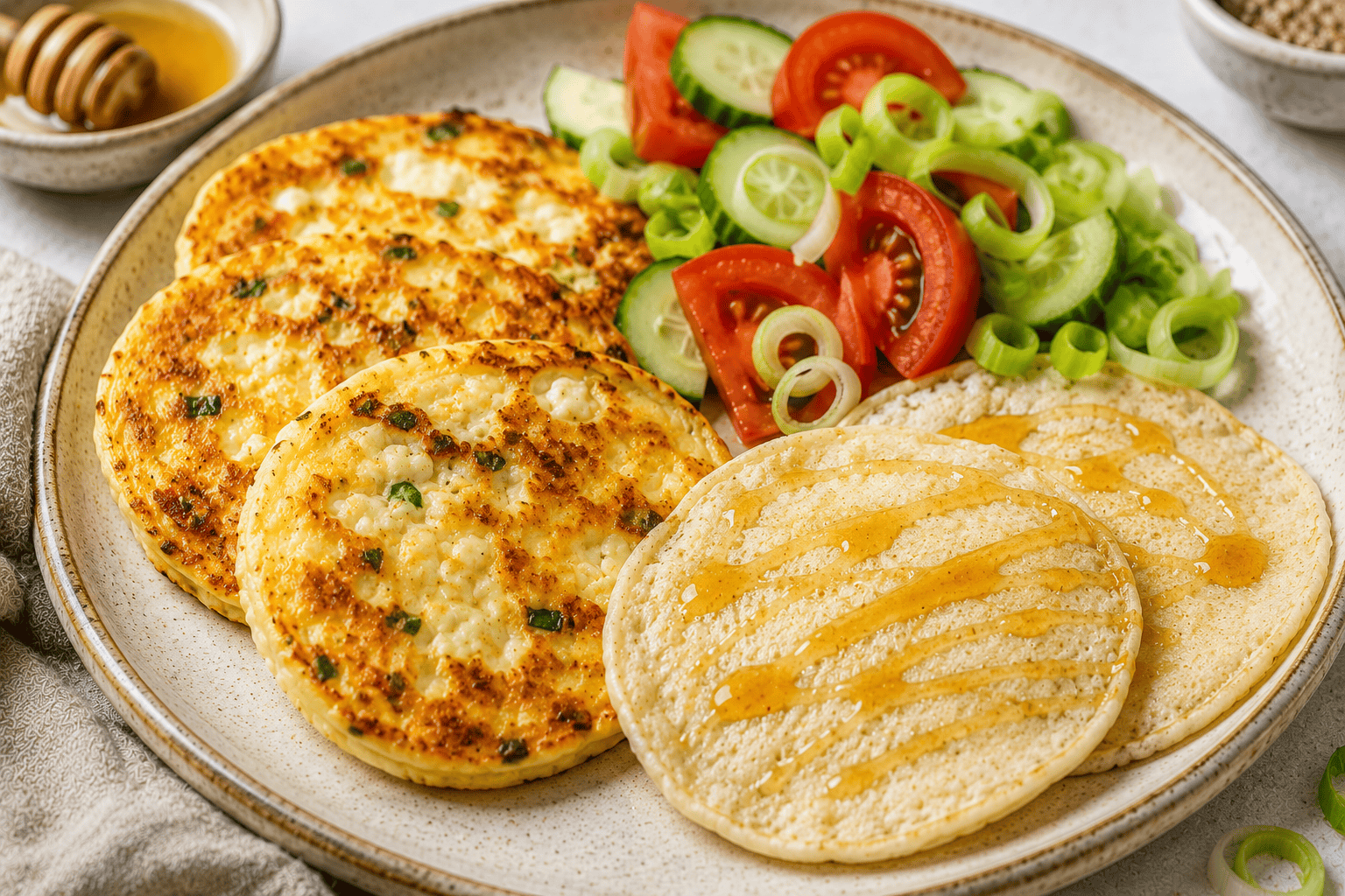 Sweet and savoury lunch pancakes served with tomatoes, cucumber, leek, and a drizzle of honey.