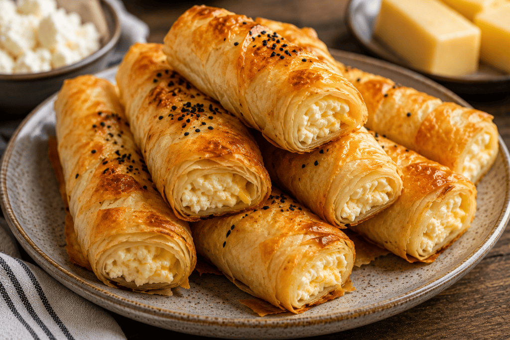 Golden crispy filo pastry rolls filled with feta, kashkaval, and eggs, baked until flaky and served warm.