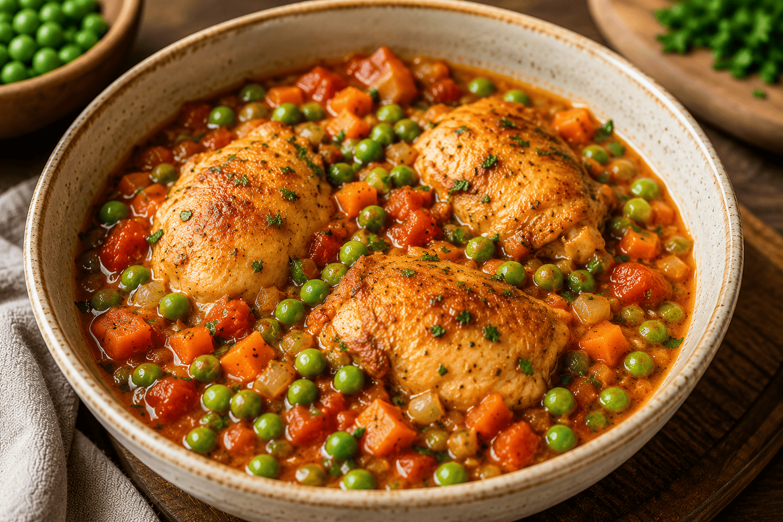 Tender chicken cooked with green peas, tomatoes, carrots, and onions in a rich tomato sauce served in a rustic bowl.