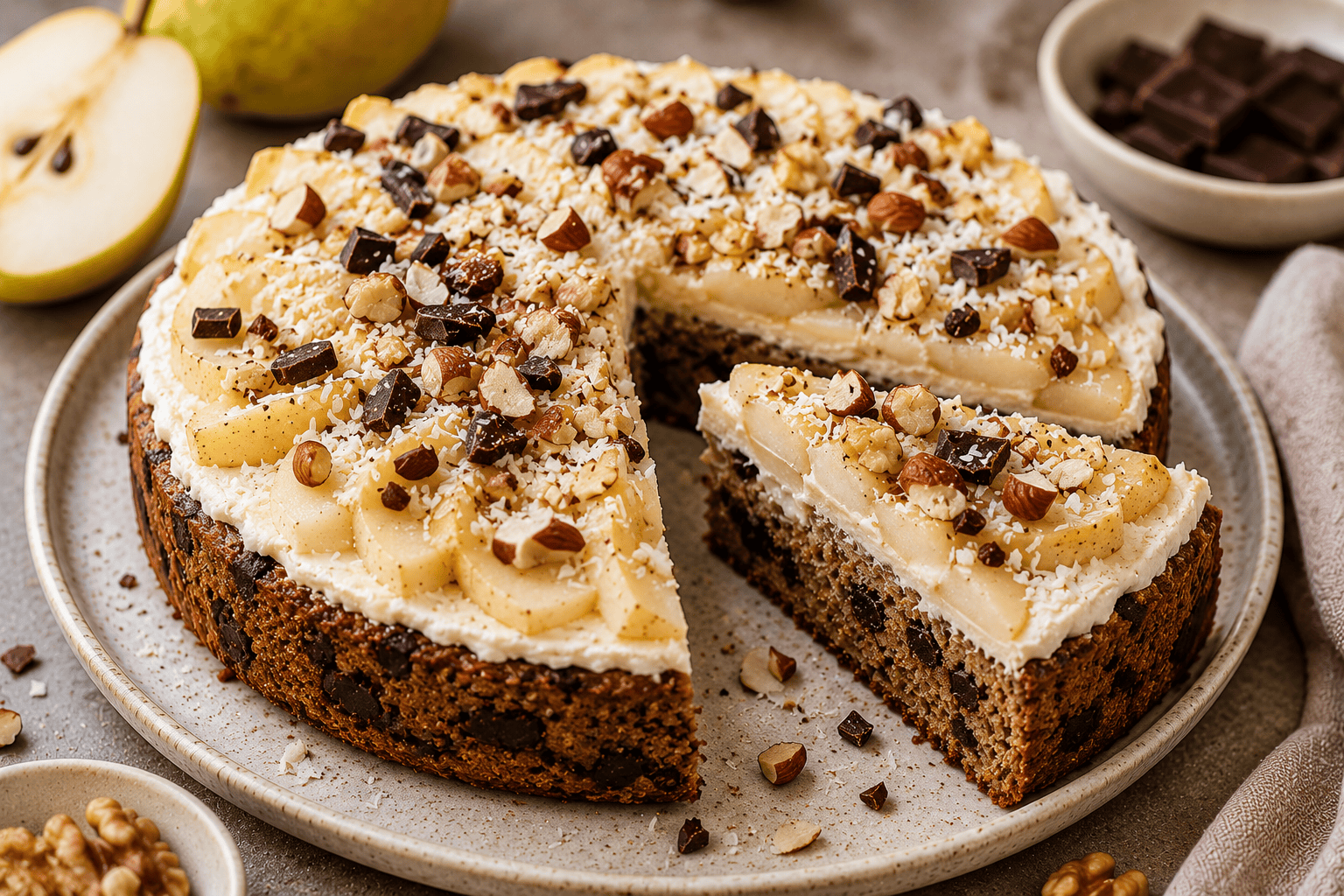 Healthy pear cake layered with creamy quark, fresh pear, dark chocolate, chopped nuts, and coconut flakes on a ceramic serving plate.