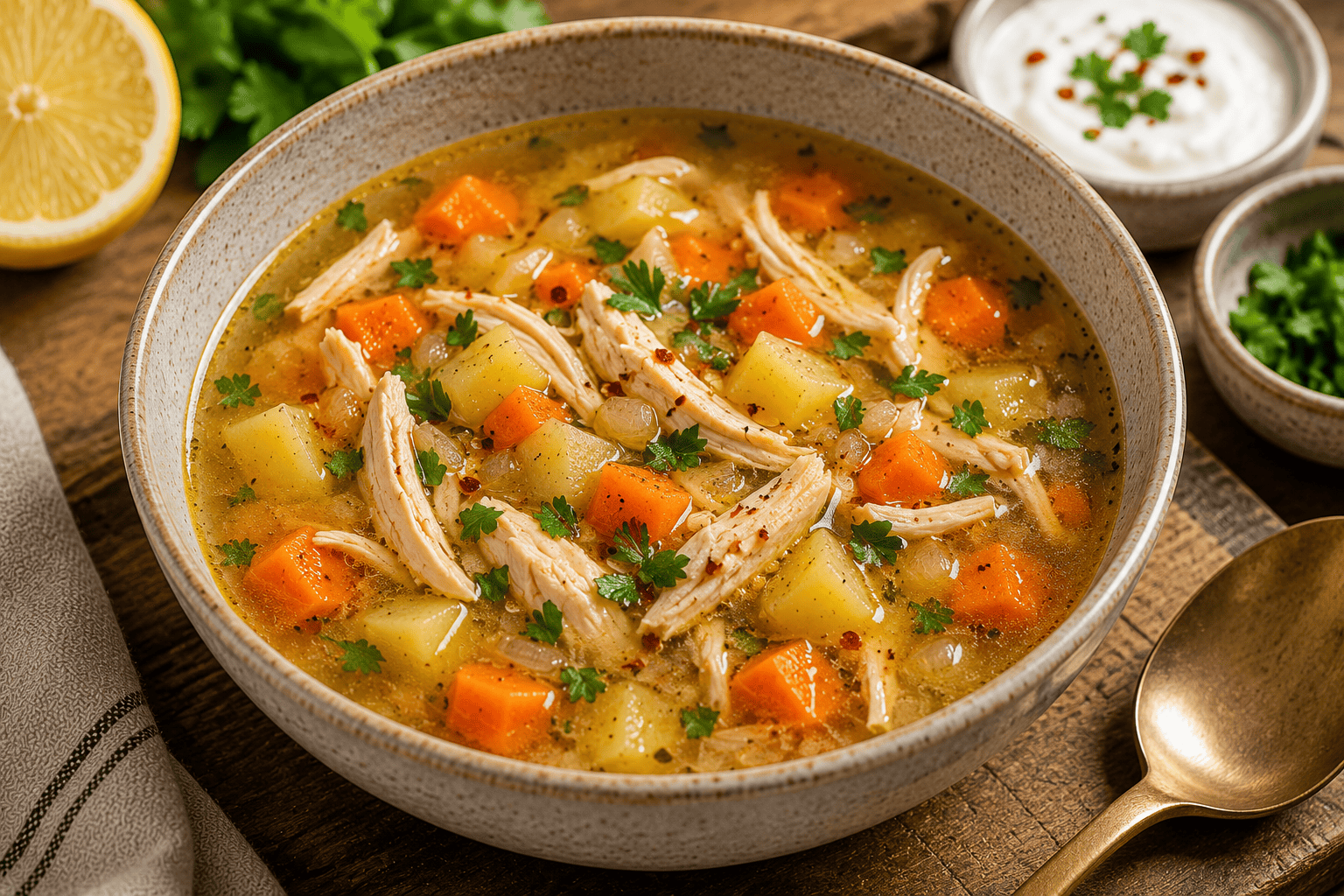 Warm homemade chicken soup with shredded chicken, carrots, potatoes, parsley, and lemon served in a rustic ceramic bowl.