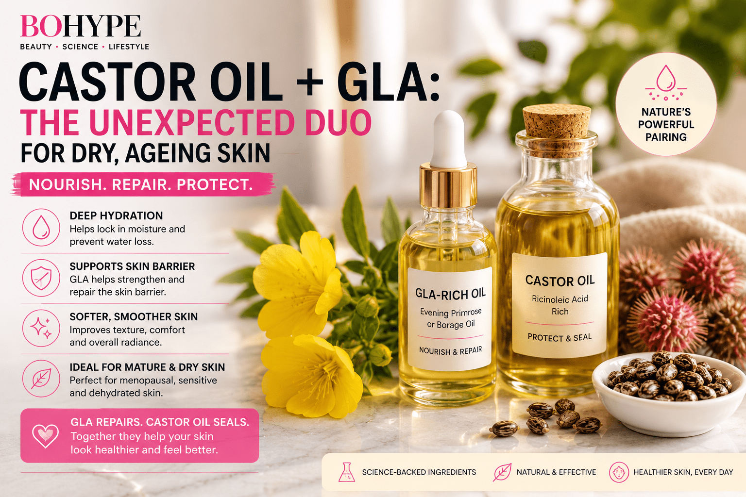 Castor oil and GLA-rich oils including evening primrose and borage oil displayed with botanical ingredients, illustrating a nourishing skincare routine for dry and ageing skin.